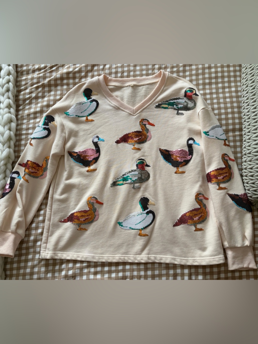 Cream Sequin Duck Pattern V-Neck Sweater